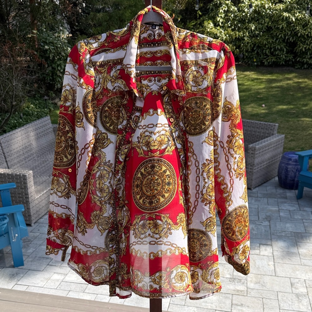 Fashion Nova Red & White Baroque Print Sheer Blouse